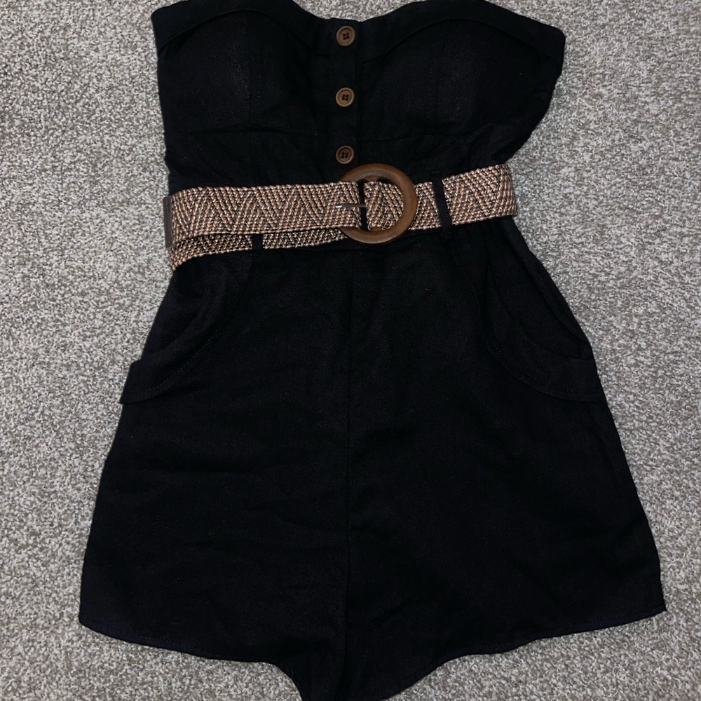 Forever 21 Black Strapless Romper with Brown Belt